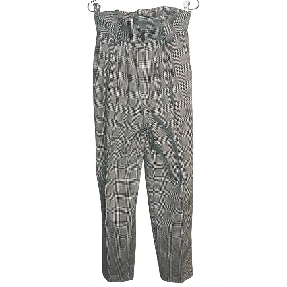 VTG Plaid Houndstooth Pleated Paper-bag High-Waisted Straight Leg Trousers